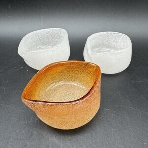 Vintage Set of 3 Hand Blown Art Glass Bubble Bowl Cups Orange Amber White Japan
